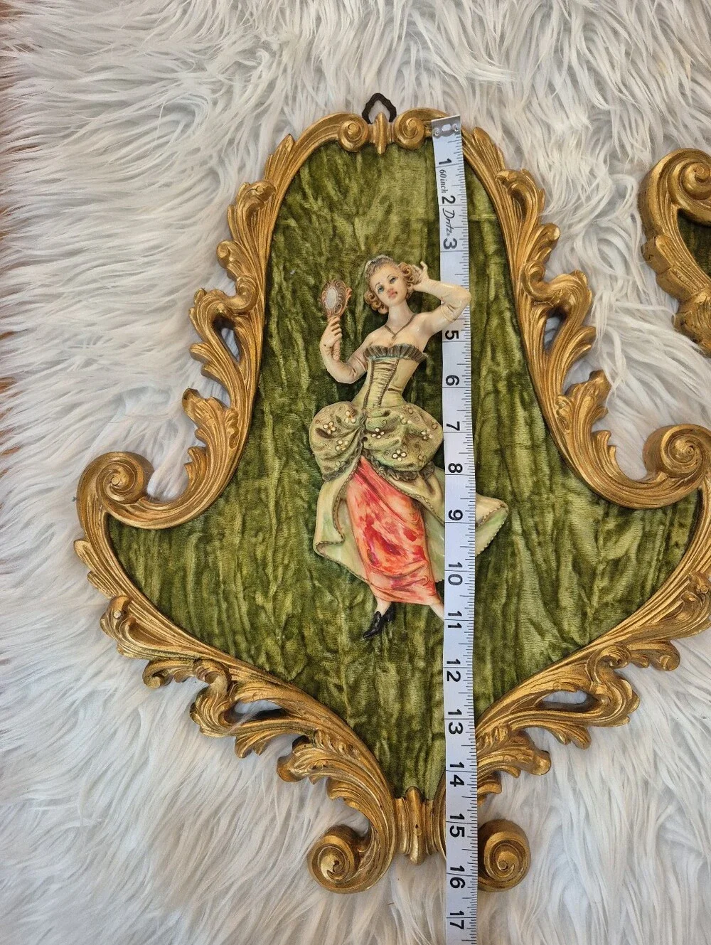 Vintage-Style Green Velvet and Gold Wall Plaques (Pair)